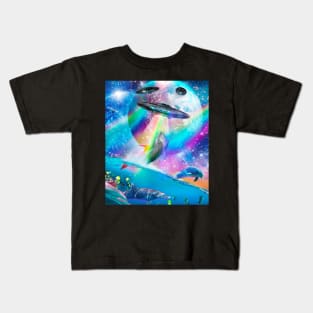 Cute Galaxy Dolphin UFO Abduction, Rainbow Space Kids T-Shirt